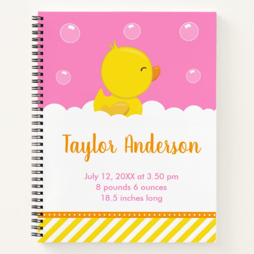 Rubber Ducky Yellow and Pink Birth Statistics Notebook