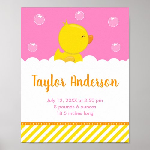 Rubber Ducky Yellow and Pink Birth Statistics Poster