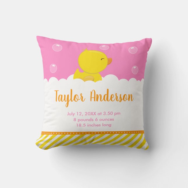 Rubber Ducky Yellow and Pink Birth Statistics Throw Pillow (Front)