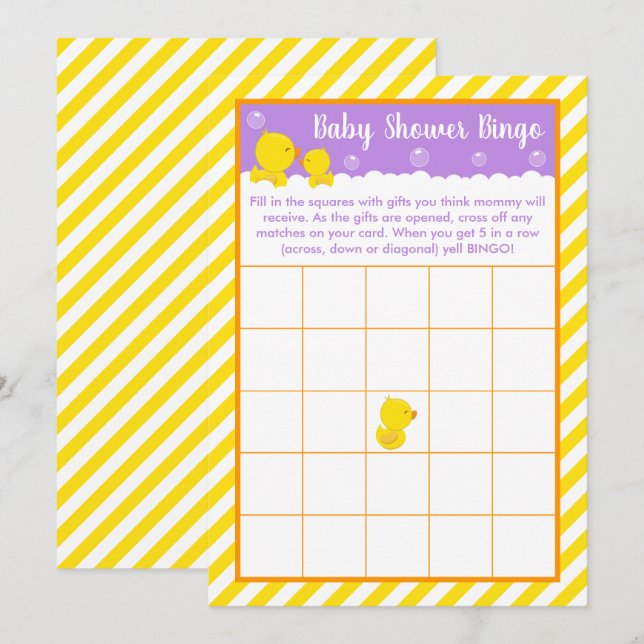 Rubber Ducky Yellow and Purple Baby Shower Bingo Invitation (Front/Back)