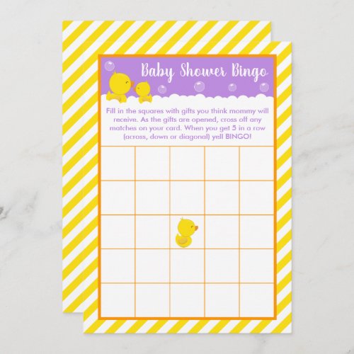 Rubber Ducky Yellow and Purple Baby Shower Bingo Invitation