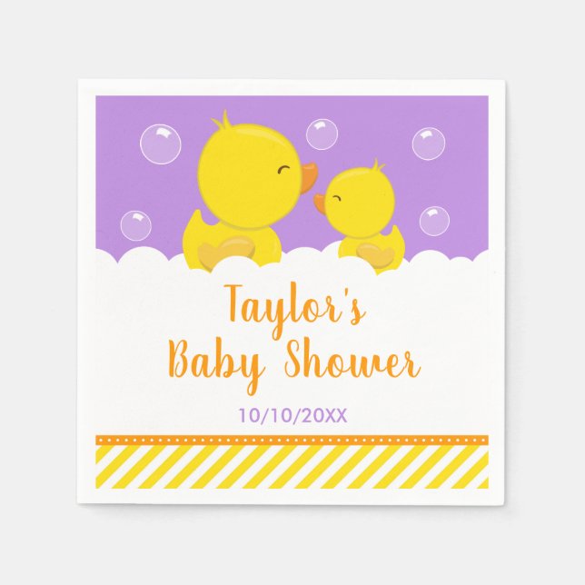Rubber Ducky Yellow and Purple Baby Shower Napkins (Front)