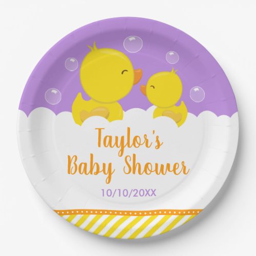 Rubber Ducky Yellow and Purple Baby Shower Paper Plates
