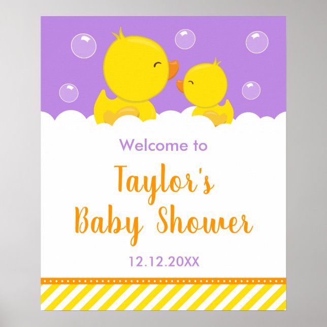 Rubber Ducky Yellow and Purple Baby Shower Welcome Poster (Front)