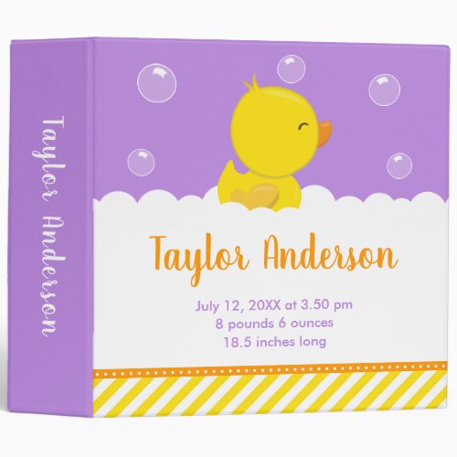 Rubber Ducky Yellow and Purple Birth Statistics 3 Ring Binder