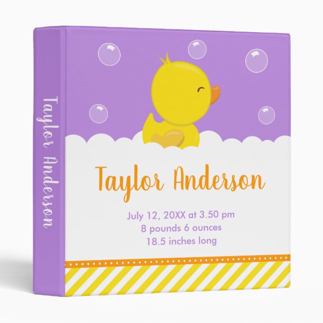 Rubber Ducky Yellow and Purple Birth Statistics 3 Ring Binder (Front/Spine)