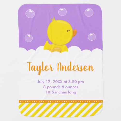 Rubber Ducky Yellow and Purple Birth Statistics Baby Blanket