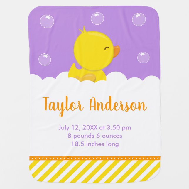 Rubber Ducky Yellow and Purple Birth Statistics Baby Blanket (Front)
