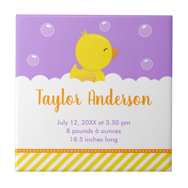 Rubber Ducky Yellow and Purple Birth Statistics Ceramic Tile (Front)