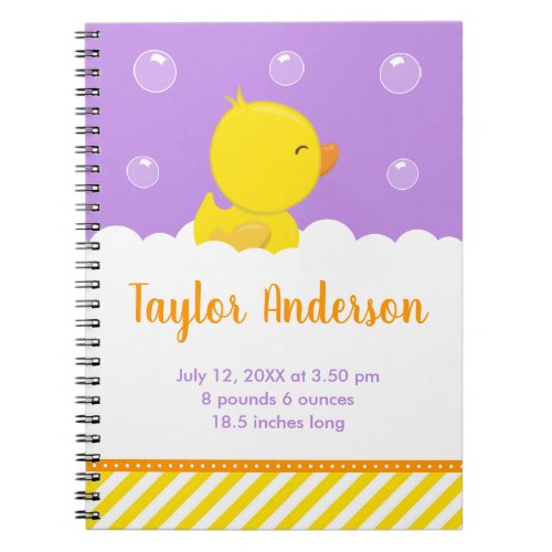 Rubber Ducky Yellow and Purple Birth Statistics Notebook