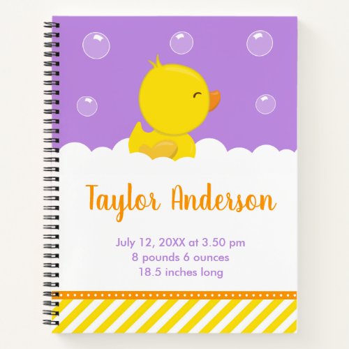 Rubber Ducky Yellow and Purple Birth Statistics Notebook