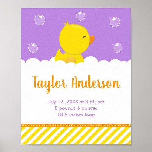 Rubber Ducky Yellow and Purple Birth Statistics Poster