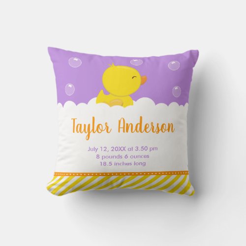 Rubber Ducky Yellow and Purple Birth Statistics Throw Pillow