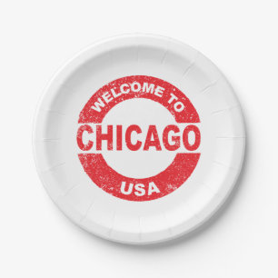 Rubber Ink Stamp Welcome To Chicago USA Paper Plates
