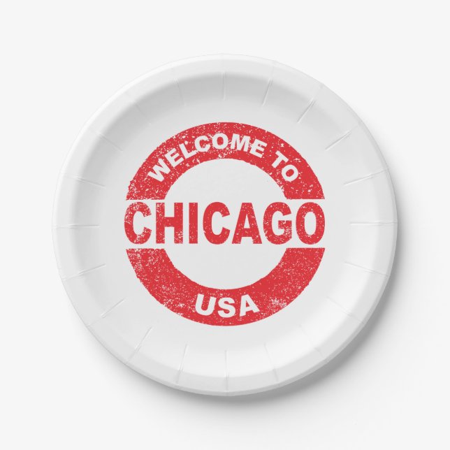 Rubber Ink Stamp Welcome To Chicago USA Paper Plates (Front)