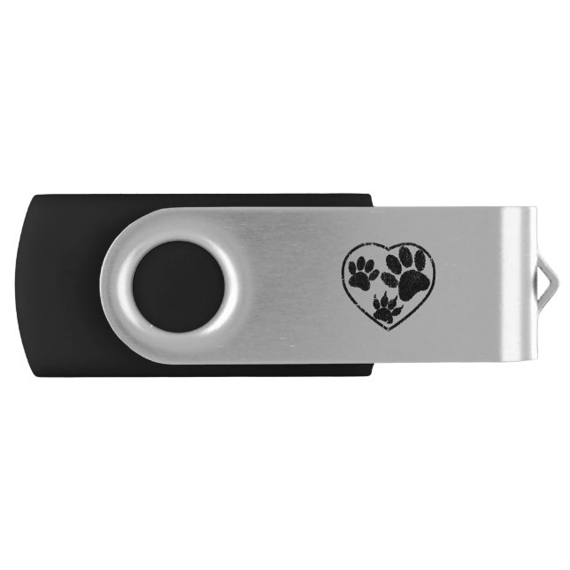 Rubber Stamped Heart And Pet Paw Prints Flash Drive (Front)