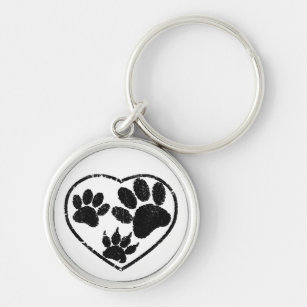Rubber Stamped Heart And Pet Paw Prints Keychain
