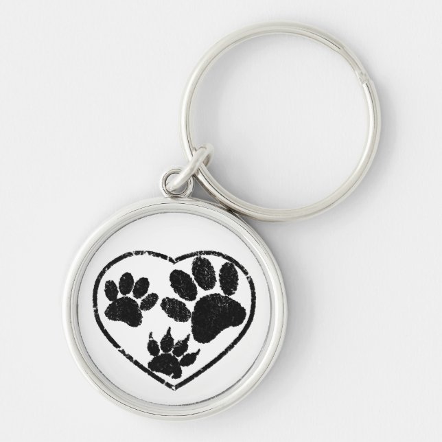 Rubber Stamped Heart And Pet Paw Prints Keychain (Front)