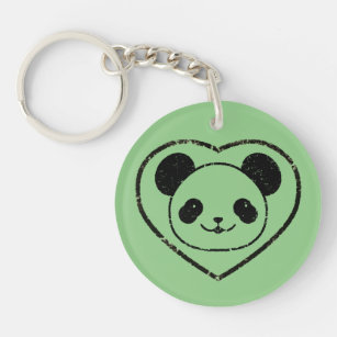 Rubber Stamped Panda Bear And Heart  Keychain