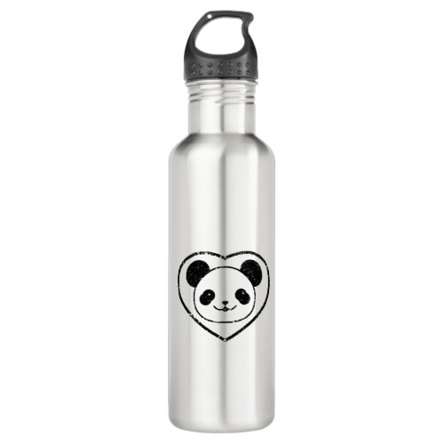 Rubber Stamped Panda Bear And Heart Stainless Steel Water Bottle