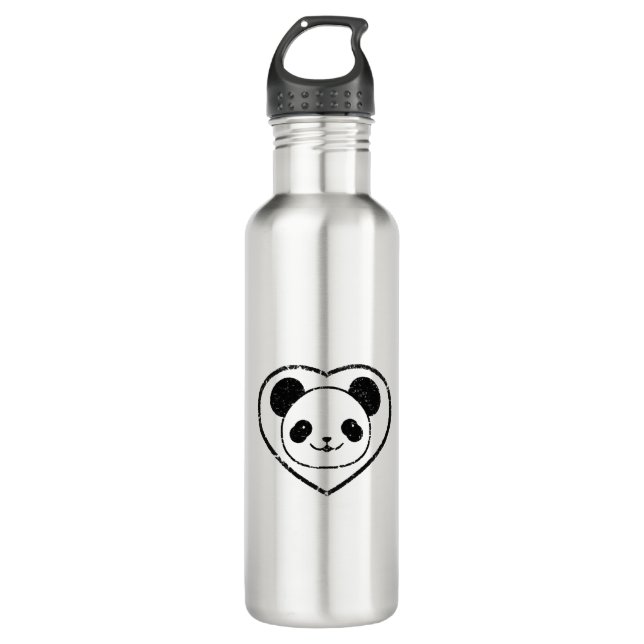 Rubber Stamped Panda Bear And Heart Stainless Steel Water Bottle (Front)