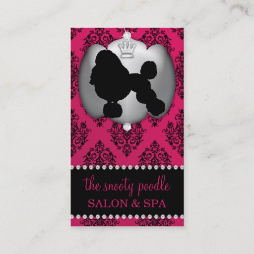 Customizable Rubelite Pink Jeweled Damask Dog Grooming/Spa Business Card