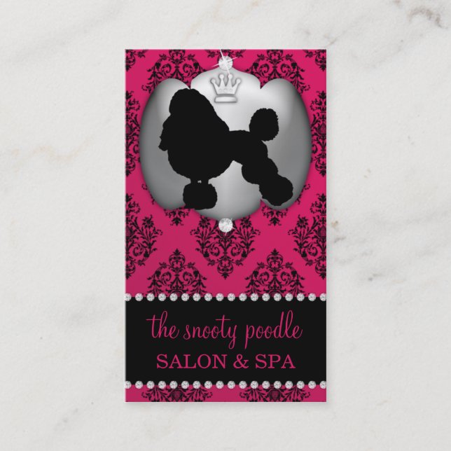 Rubelite Pink Jeweled Damask Dog Grooming/Spa Business Card (Front)
