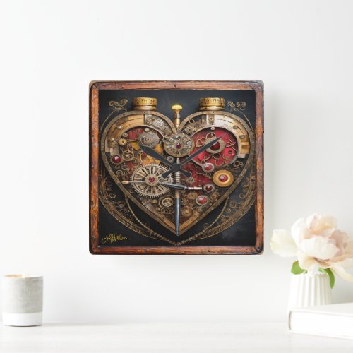 Rubies And Gears Heart Steampunk Series Square Wall Clock