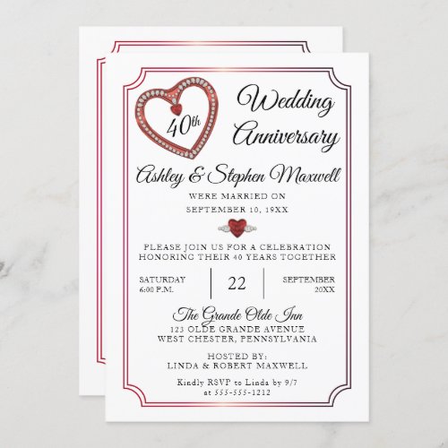 Rubies  Diamonds 40th Wedding Anniversary Party Invitation