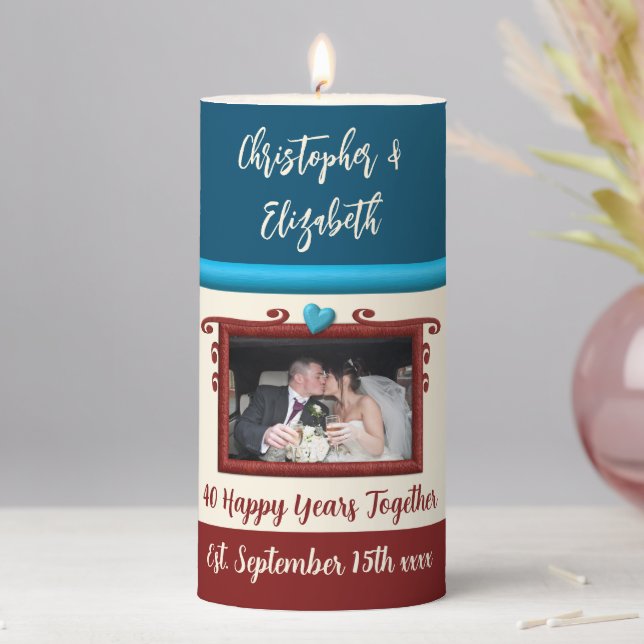 Ruby 40th anniversary blue cream add photo pillar candle (In Situ)
