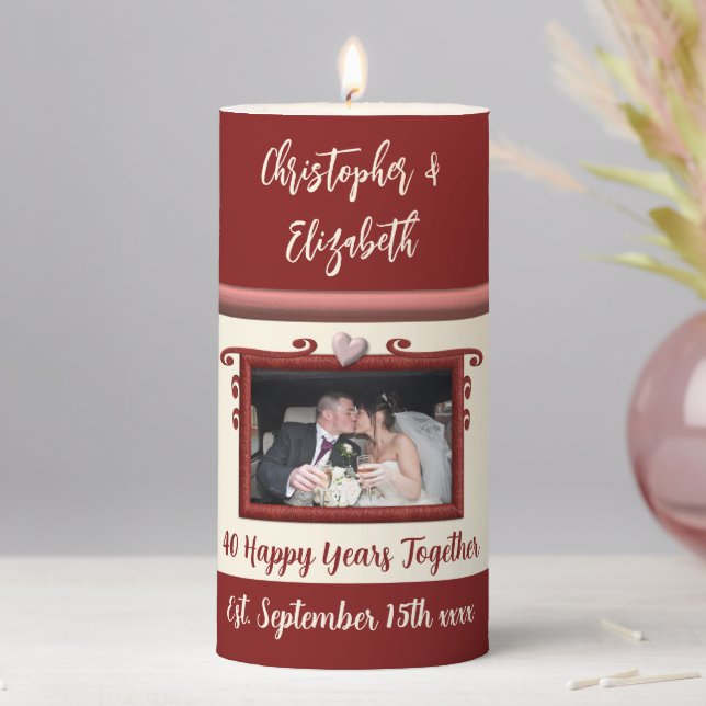 Ruby 40th anniversary burgundy cream add photo pillar candle (In Situ)