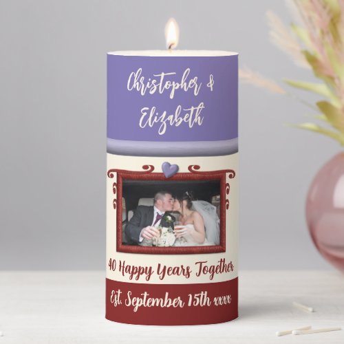 Ruby 40th anniversary purple cream add photo pillar candle