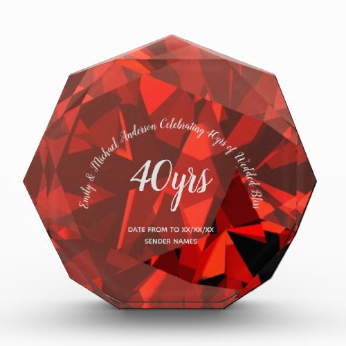 RUBY 40th Wedding Anniversary 2 RED HEART Ruby Acrylic Award