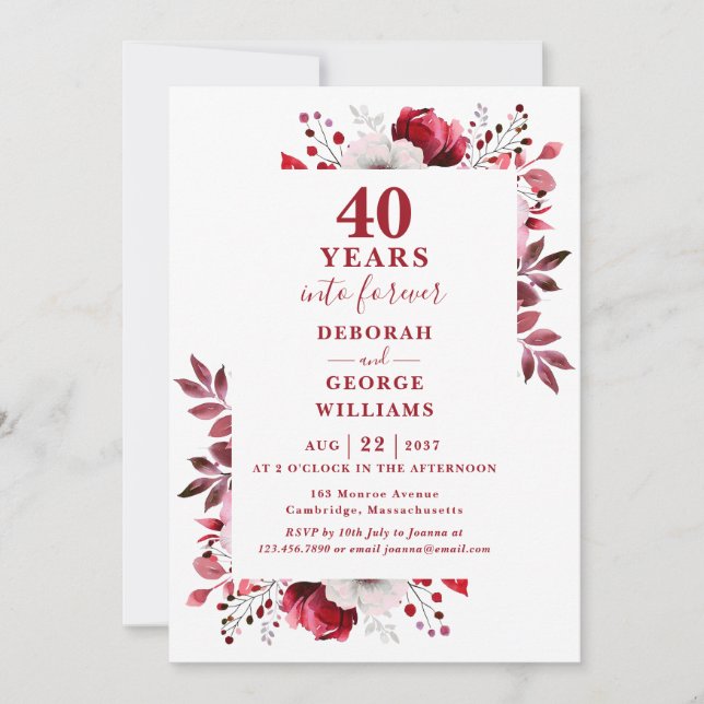 Ruby 40th Wedding Anniversary Floral Monogram Invitation (Front)