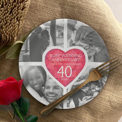 Ruby 40th wedding Anniversary heart four photos Paper Plates