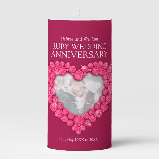 Ruby 40th wedding anniversary heart photo red pillar candle (Front)