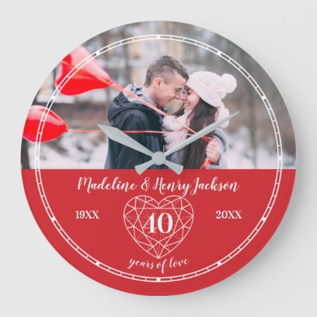Ruby 40th Wedding Anniversary Outline Heart Custom Large Clock