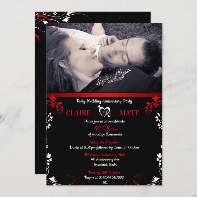 Ruby 40th Wedding Anniversary Photo Invitations (Front/Back)