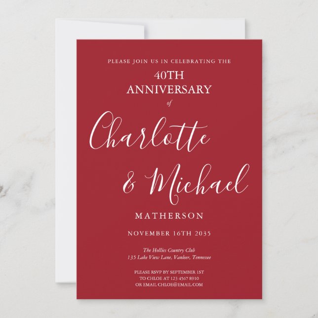 Ruby 40th Wedding Anniversary Signature Script Invitation (Front)