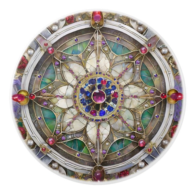 Ruby, Amethyst, Sapphire and, Pearl Mandala Ceramic Knob (Front)