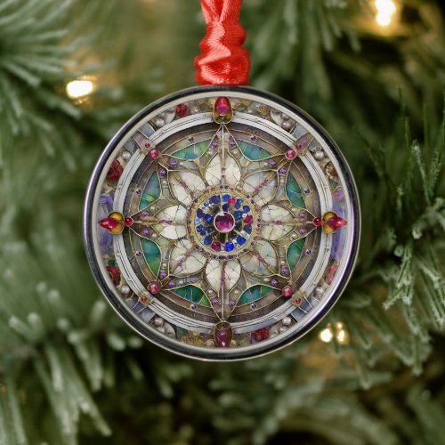 Ruby Amethyst Sapphire and Pearl Mandala Metal Ornament
