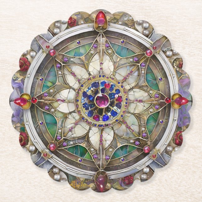 Ruby, Amethyst, Sapphire and, Pearl Mandala Paper Coaster (Front)
