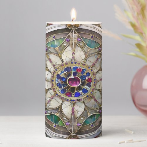 Ruby Amethyst Sapphire and Pearl Mandala Pillar Candle