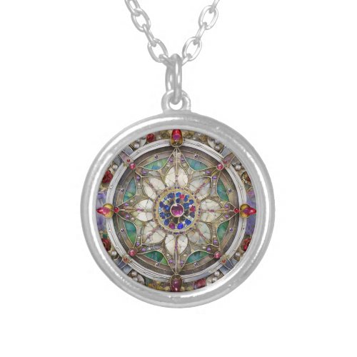Ruby Amethyst Sapphire and Pearl Mandala Silver Plated Necklace