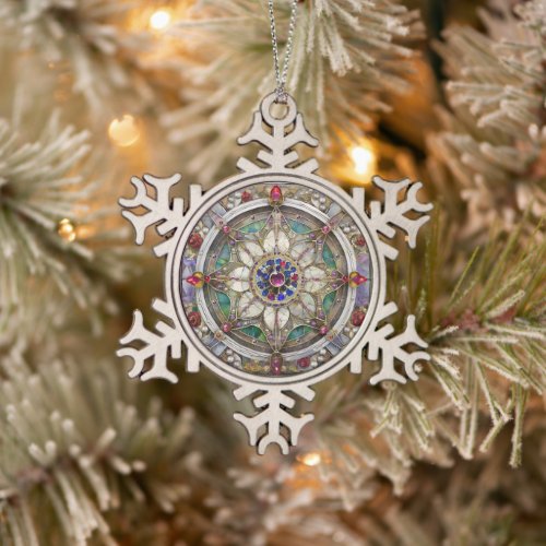 Ruby Amethyst Sapphire and Pearl Mandala Snowflake Pewter Christmas Ornament