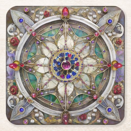 Ruby Amethyst Sapphire and Pearl Mandala Square Paper Coaster