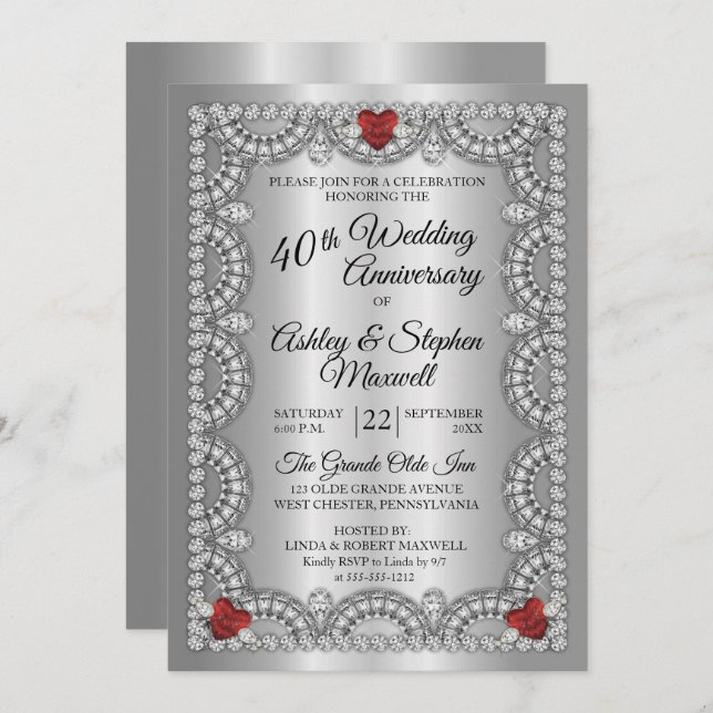 Ruby and Diamond 40th Wedding Anniversary Party In Invitation (Front/Back)