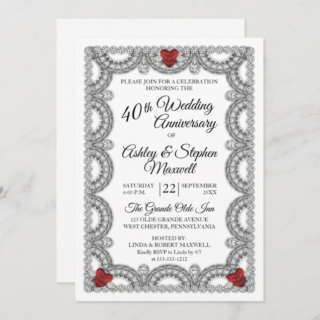 Ruby and Diamond 40th Wedding Anniversary Party Invitation (Front/Back)