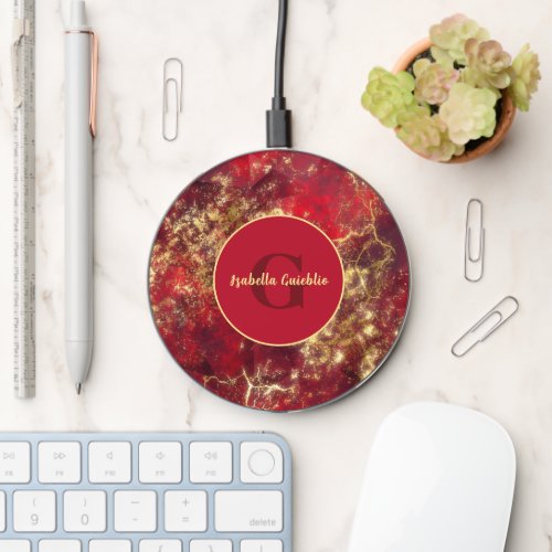 Ruby and Gold Monogram Name Wireless Charger