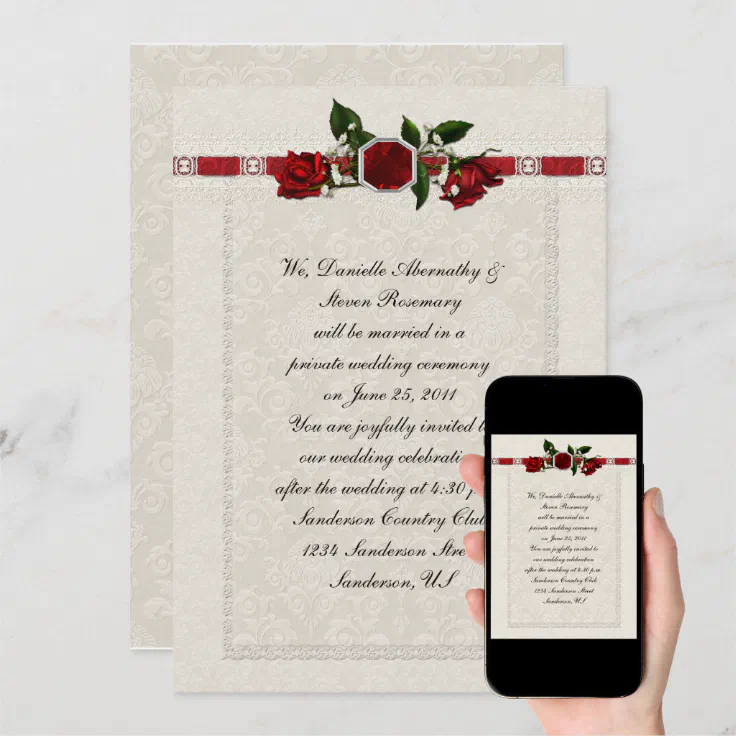 Ruby and Red Roses Ribbon Post Wedding Invitation | Zazzle